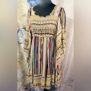 Bohemian Dress / Tunic oversized w/ Drawstring Patchwork Striped milkmaid tunic